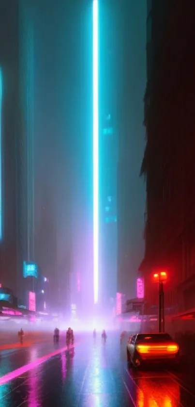 Futuristic neon-lit street in vibrant colors, perfect for a mobile wallpaper.