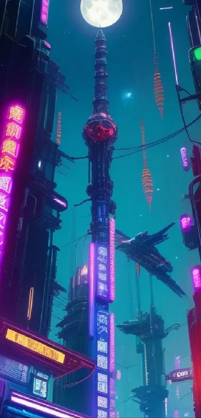 A futuristic cityscape with neon lights and a large moon in the sky.