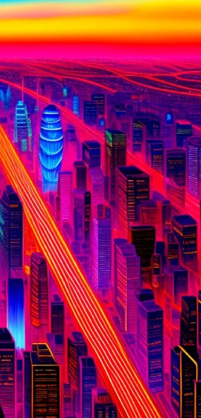 Futuristic neon cityscape with vibrant colors and glowing urban architecture.