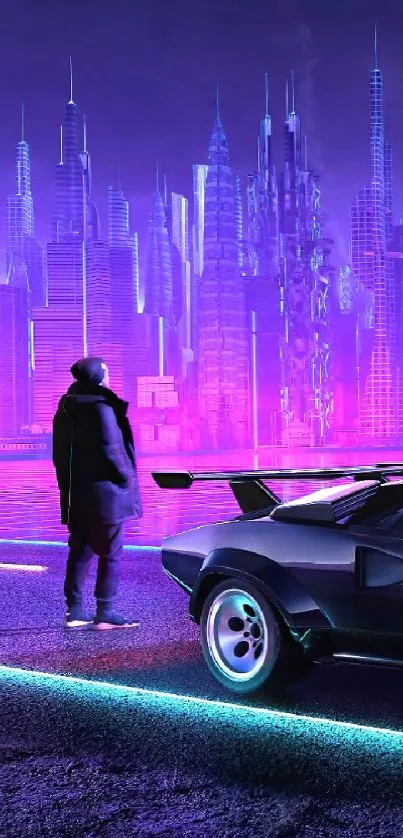 Futuristic neon cityscape with retro car and vibrant skyline.