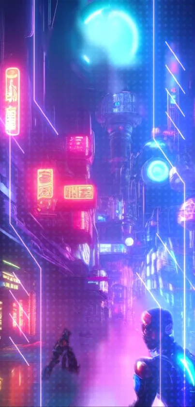 Cyberpunk cityscape with dazzling neon lights and futuristic elements.