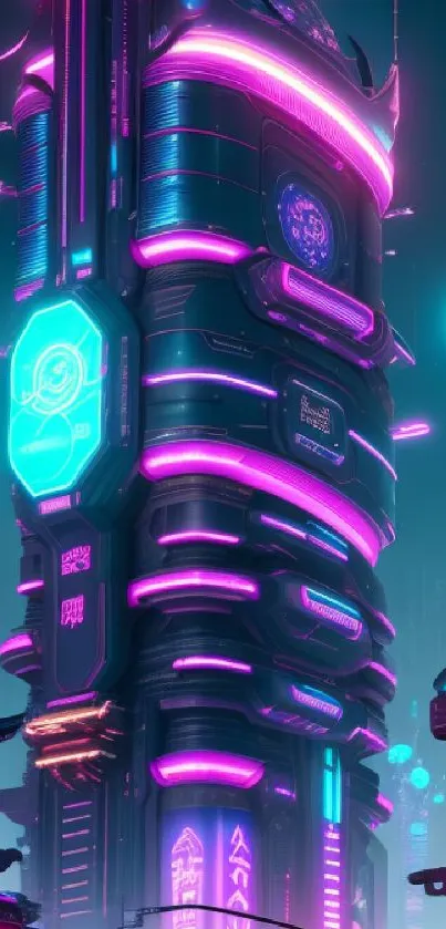 Futuristic neon cityscape with pink and blue lights.