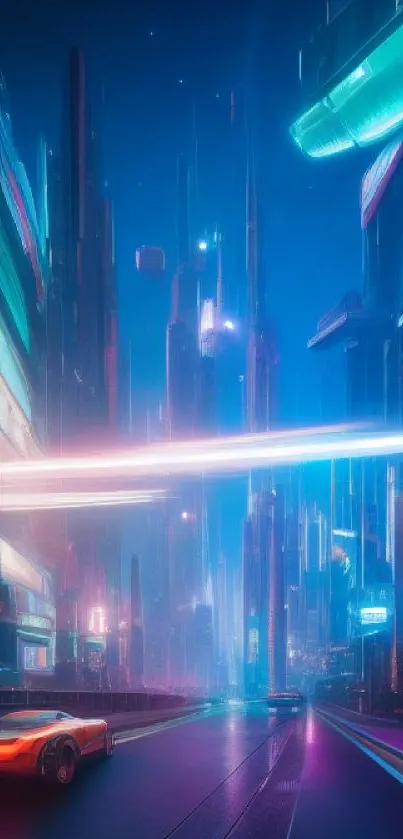 Futuristic neon cityscape with vibrant skyscrapers and lights at night.