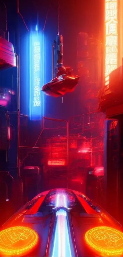 Futuristic cityscape with neon lights and cyberpunk theme.