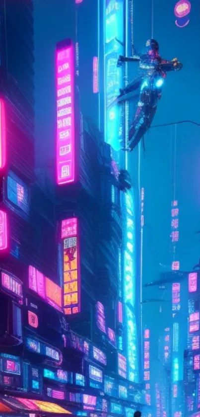 Futuristic neon cityscape with vibrant lights and cyberpunk design.