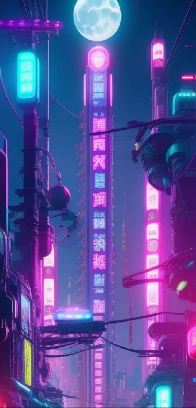 Futuristic neon cityscape with glowing signs under a full moon.