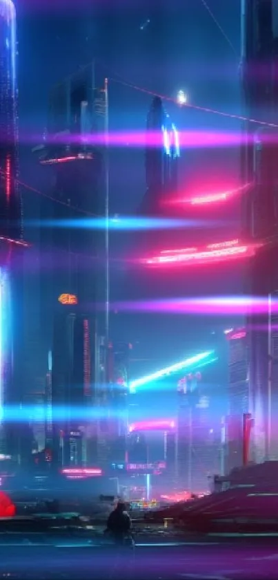 Futuristic cityscape with neon lights and skyscrapers in a night setting.