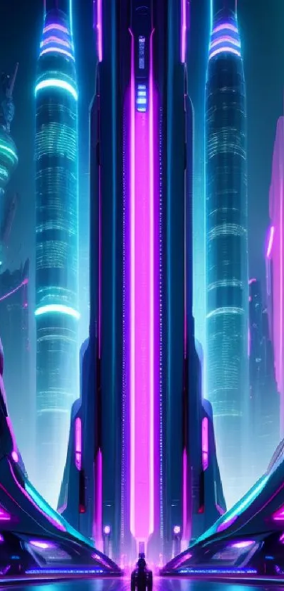 Futuristic neon cityscape wallpaper with glowing towers.