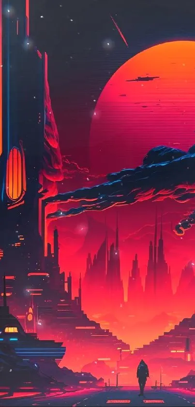 Futuristic neon cityscape wallpaper with vibrant red and blue colors.