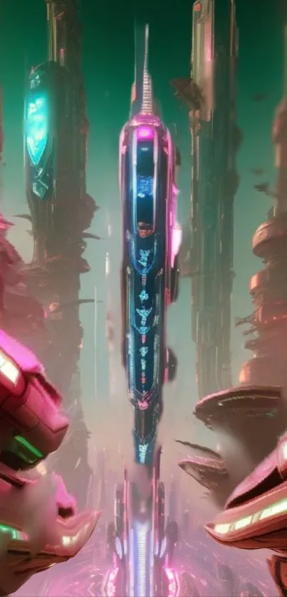 Futuristic cityscape with neon lights and towering structures.
