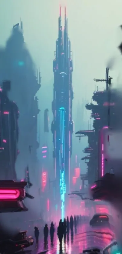 Futuristic cityscape with neon lights in a cyberpunk style.