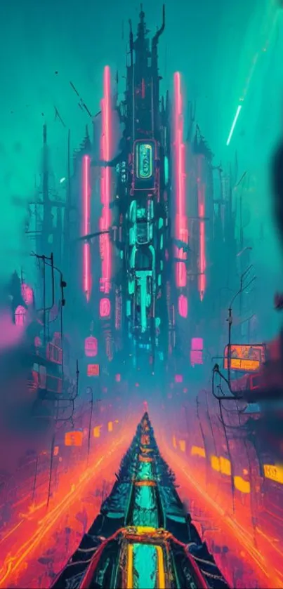 Futuristic neon cityscape with vibrant colors.