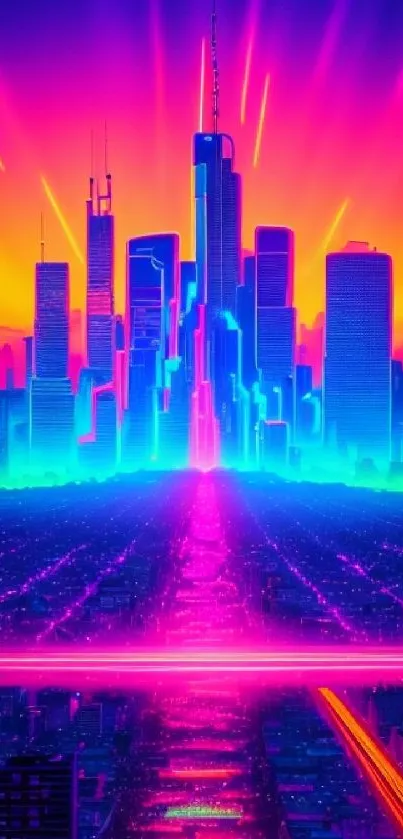 Futuristic neon cityscape with vibrant skyline and radiant sunset.