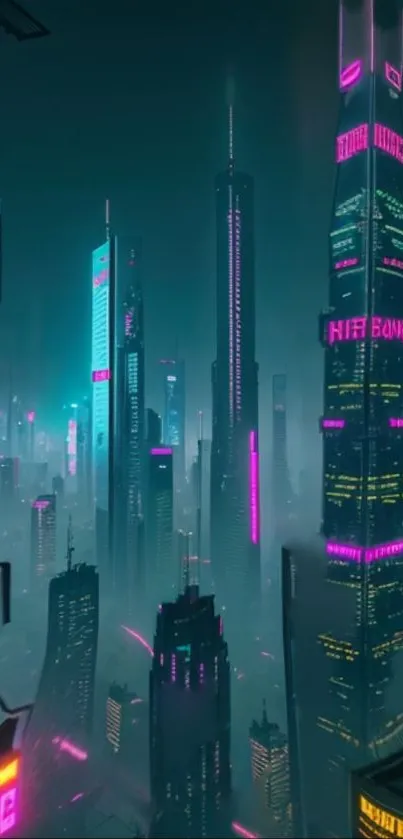 Futuristic cityscape featuring neon-lit skyscrapers and a cyberpunk ambiance.
