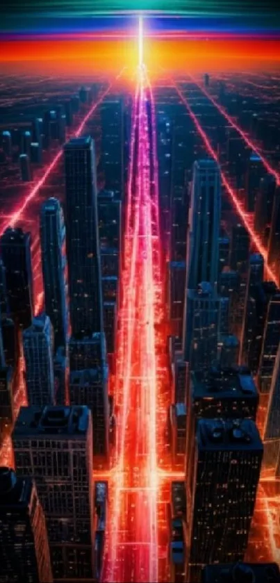 Futuristic cityscape with neon-lit streets.