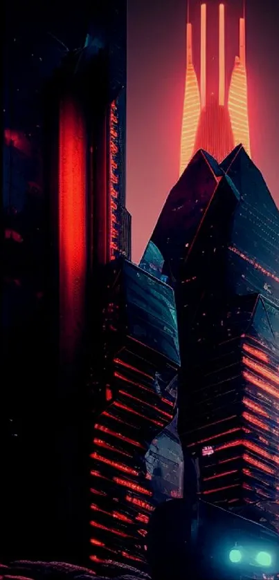 Futuristic neon cityscape with glowing buildings at night.