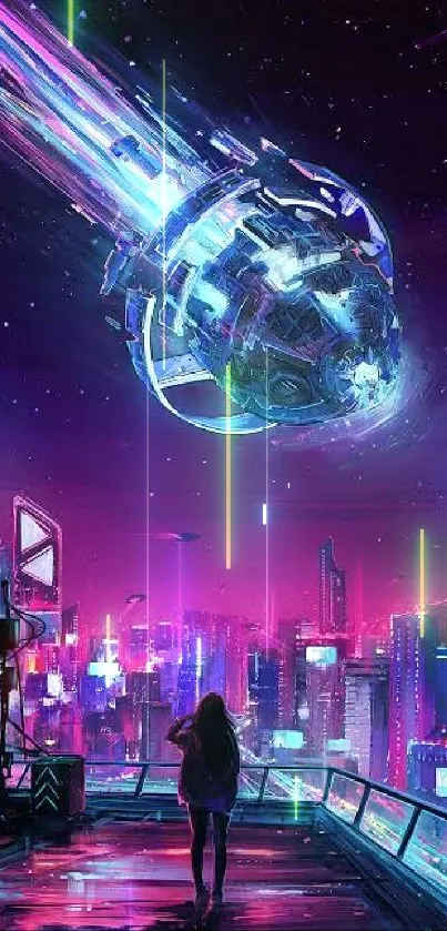 Futuristic cityscape with neon and cosmic elements for mobile wallpaper.