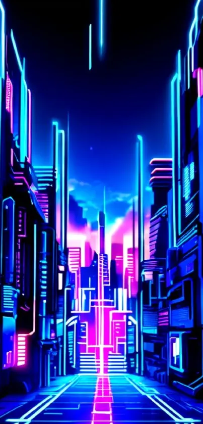 Futuristic neon cityscape with glowing blue and pink lights.