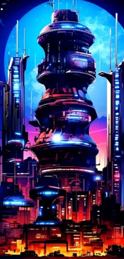 Futuristic city with neon lights against a purple sky.