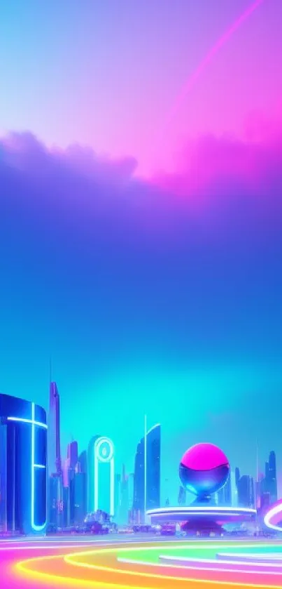 Vibrant futuristic cityscape with neon lights and modern skyline.
