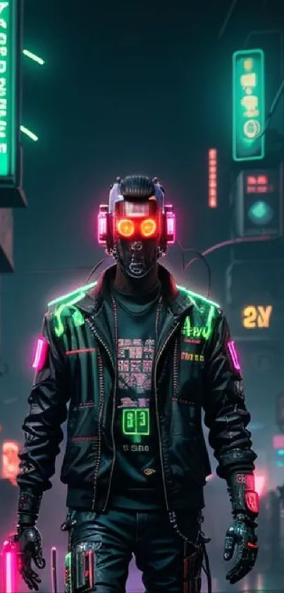 Futuristic neon city with cyber character glowing in vibrant colors.