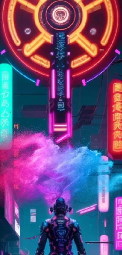 Futuristic neon cityscape with glowing lights and cyberpunk design.