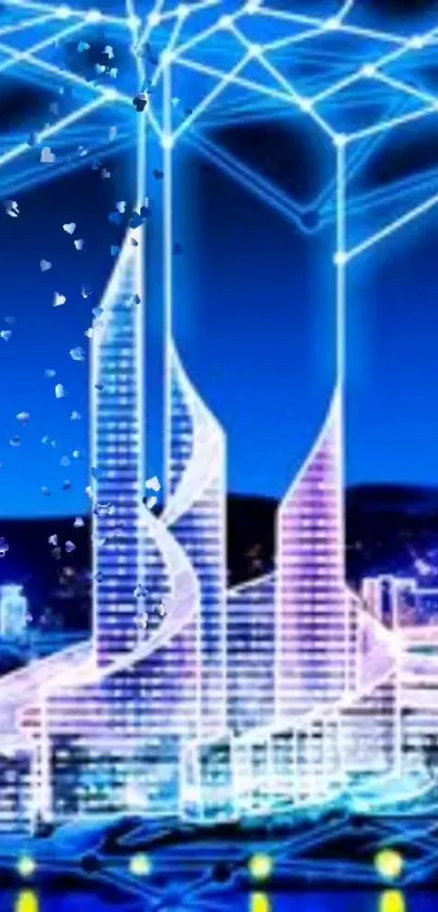 Futuristic cityscape with neon lights and modern architecture.