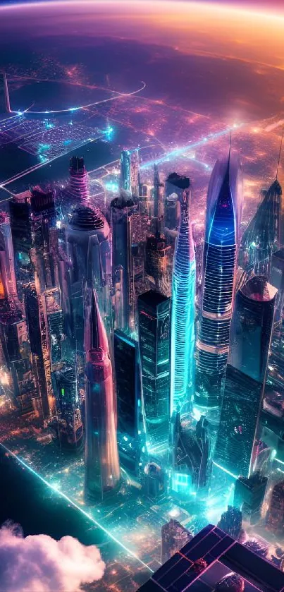 Futuristic neon cityscape with glowing skyscrapers.