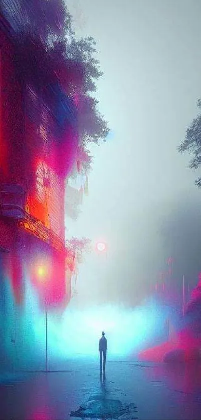 Futuristic neon cityscape with misty ambiance in vibrant colors.