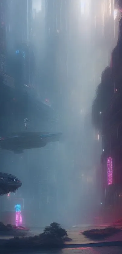 Futuristic cityscape with neon lights and mist, perfect for mobile wallpaper.