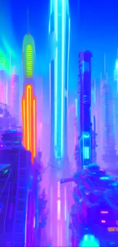 Futuristic neon cityscape with vibrant blue and pink hues.