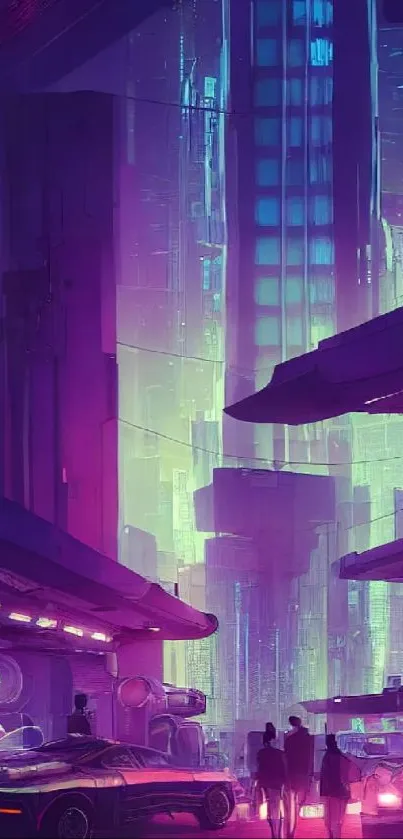 Futuristic cityscape with neon purple and blue lights.