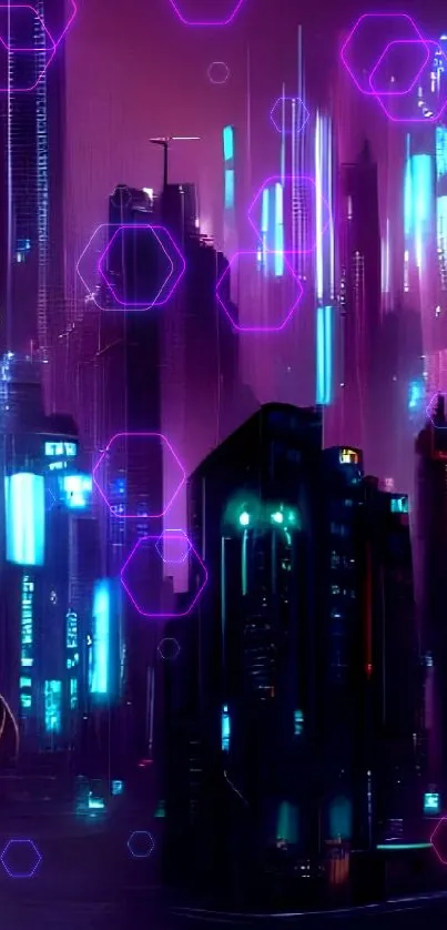 Neon-lit futuristic cityscape with skyscrapers and vibrant hues.