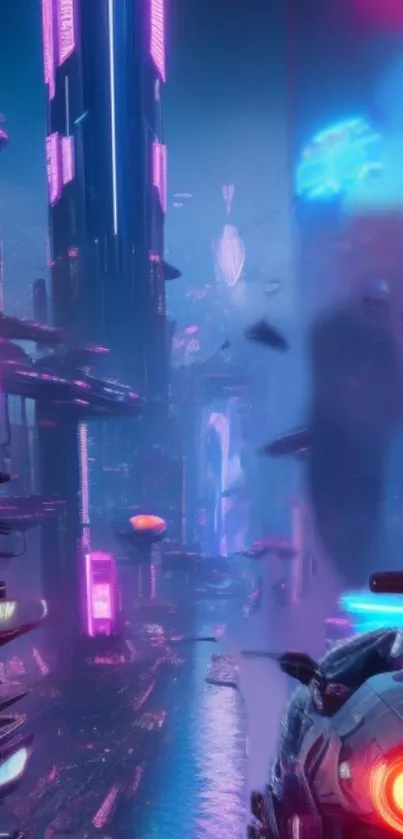 Futuristic neon cityscape with vibrant lights and advanced technology.