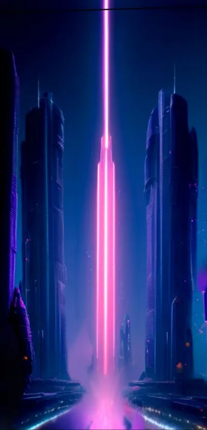 Futuristic neon cityscape with glowing skyscrapers and purple hues.