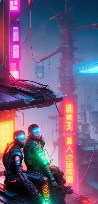 Futuristic cityscape with neon lights in cyberpunk style.