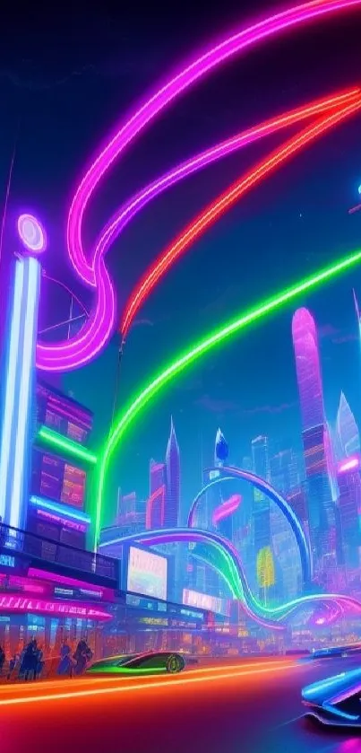 Futuristic neon cityscape with glowing lights and skyscrapers.