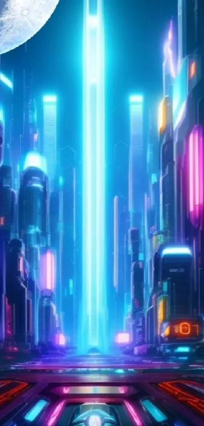 Futuristic neon cityscape with colorful lights and moonlit sky.