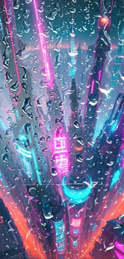 Vibrant neon cyberpunk cityscape with glowing skyscrapers.