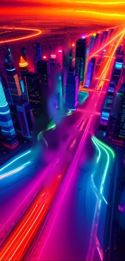 Futuristic cityscape with neon lights and vibrant colors for mobile wallpaper.