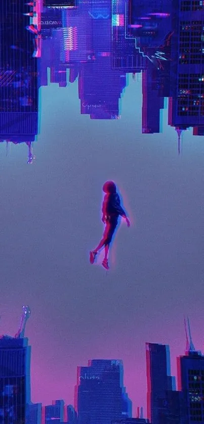 Futuristic neon cityscape with levitating figure in purple hues.