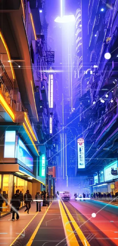 Futuristic neon city street with vibrant lights and urban architecture.