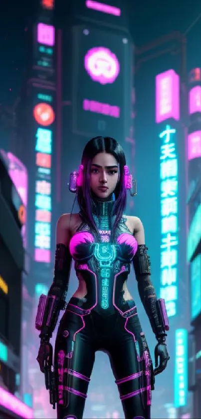 Futuristic neon cityscape with cyber character in vibrant lights.