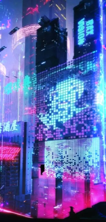 Futuristic neon cityscape with vibrant skyscrapers and glowing lights.