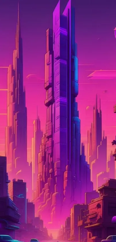 Futuristic cityscape with neon purple and pink tones, featuring towering buildings.