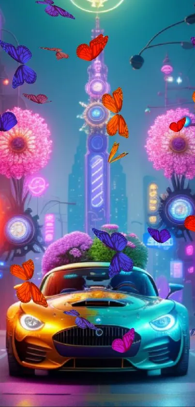 Futuristic neon cityscape with glowing cars and buildings.