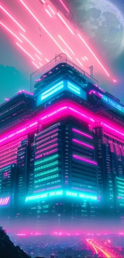 Futuristic cityscape with neon lights and digital skyline at night.