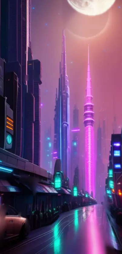 Futuristic neon cityscape with tall skyscrapers and vibrant colors under a full moon.