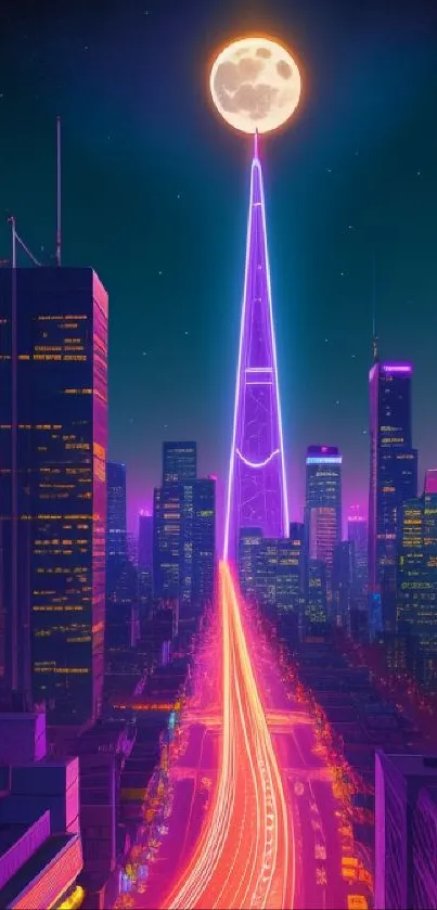 Futuristic cityscape with neon lights and a glowing full moon.