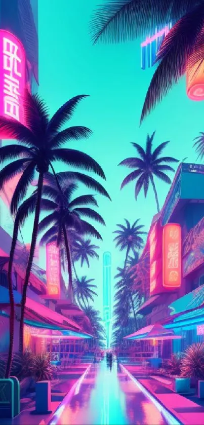 Vibrant neon cityscape with palm trees in a futuristic urban setting.